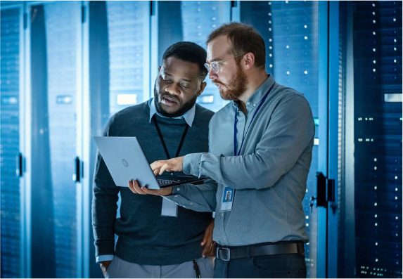 Two men talking in datacenter