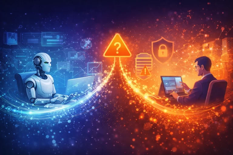 Abstract visual showing the transition from experimental AI to mature AI operations, highlighting the gap between automation and human oversight through contrasting data flows.