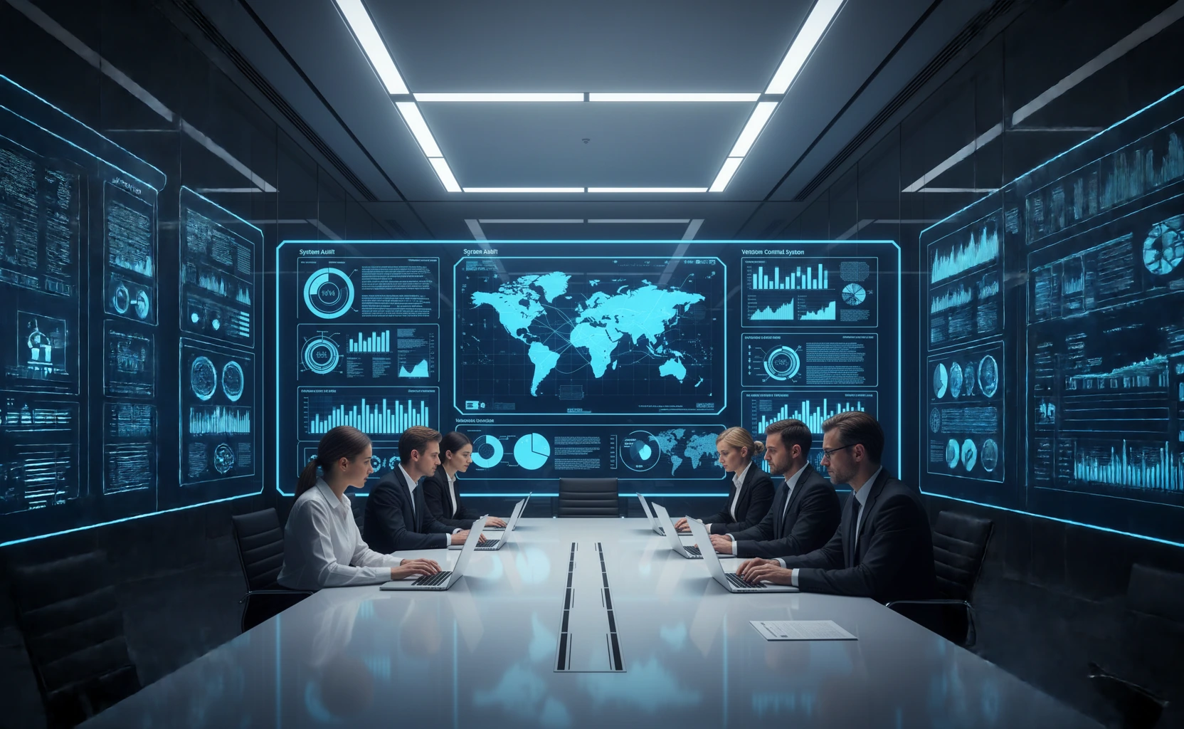 A diverse team of male and female engineers in a high-tech corporate command center, seated at a sleek boardroom table with laptops. The background features a massive wall of digital screens displaying a glowing blue world map, data analytics, and system audit dashboards in a modern office.